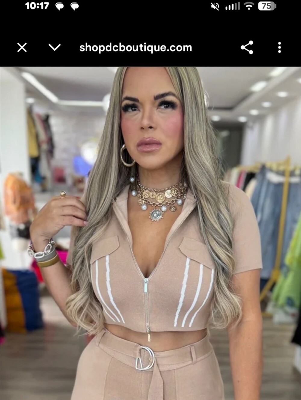 Beige Zip-Front Cropped Top with Short Sleeves